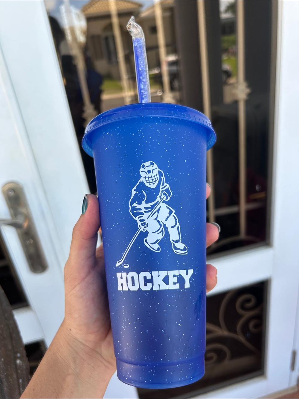 Blue Hockey Graphic Tumbler Cup with Straw